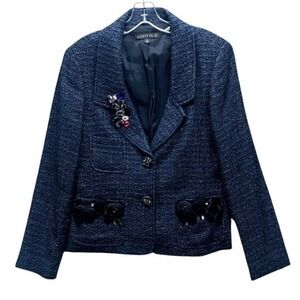 Lafayette 148 New York Tweed Blazer Women's 8 Navy Beaded Floral Jacket